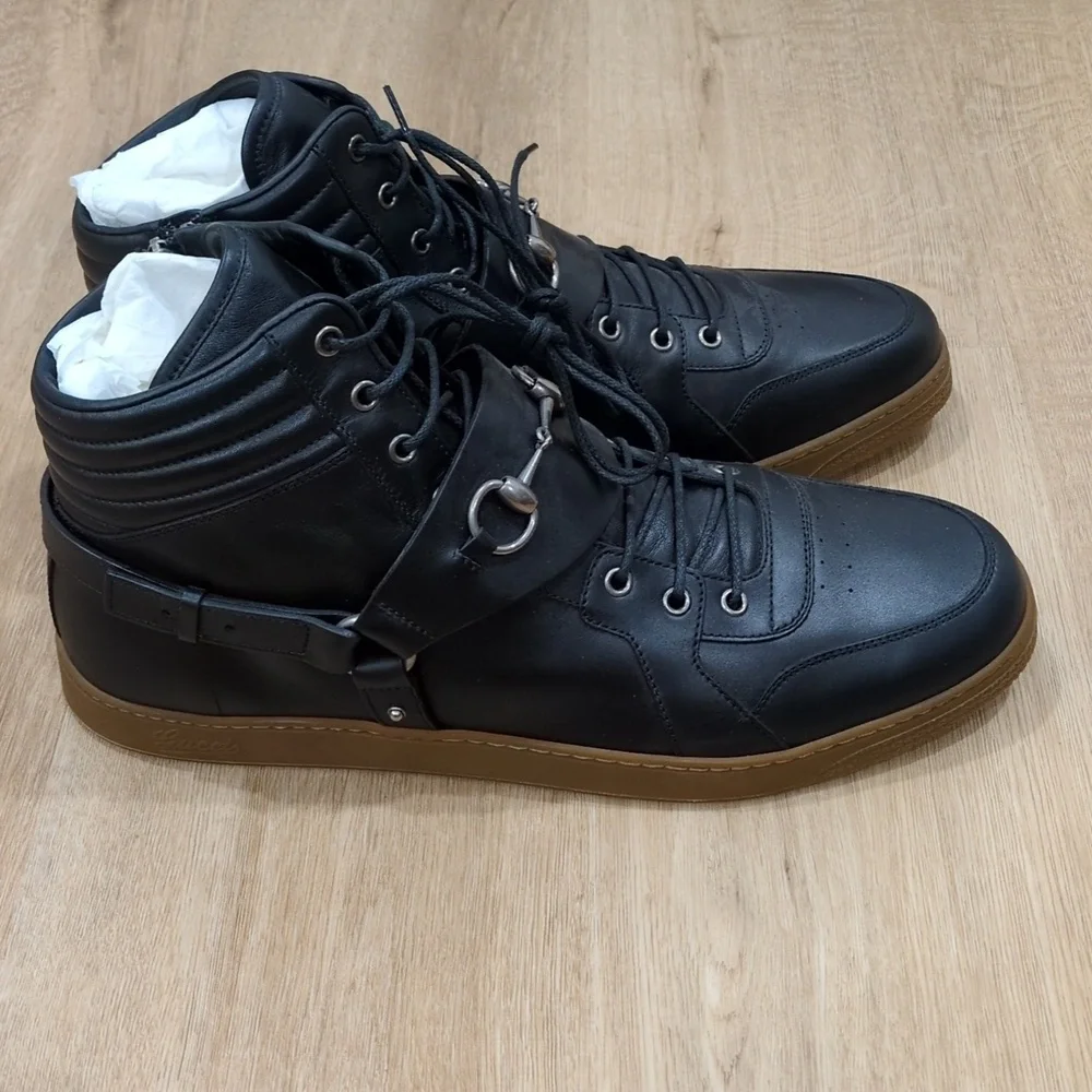 Gucci Black Leather Horsebit Accent High Top Sneakers NWOB - Picture 2 of 9